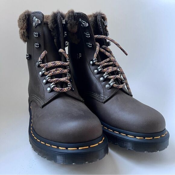 Dr Martens 1460 Serena Faux Fur Trim Boot in Khaki Gray US 7 EU 38 NEW - Picture 2 of 11
